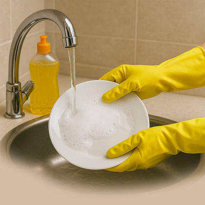 2 pair med yellow gloves For Types Of Purposes Like Washing Utensils, Gardening And Cleaning Toilet Etc.
