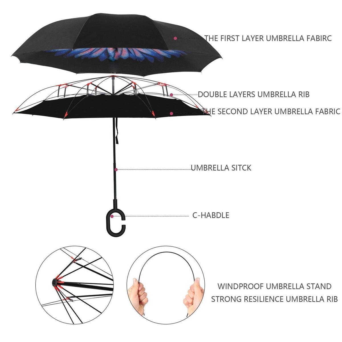 Plain design Windproof Upside Down Reverse Umbrella with C-Shaped Handle